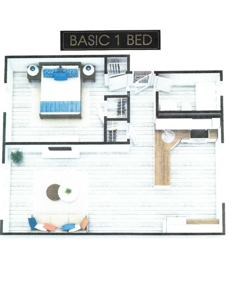 A floor plan of a standard 1 bedroom apartment.